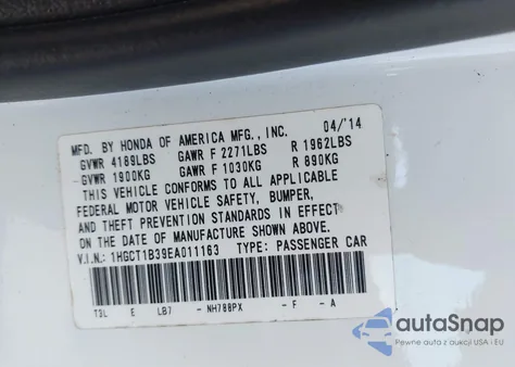 2014 Honda Accord Lx-S from USA, damaged, VIN 1HGCT1B39EA011163